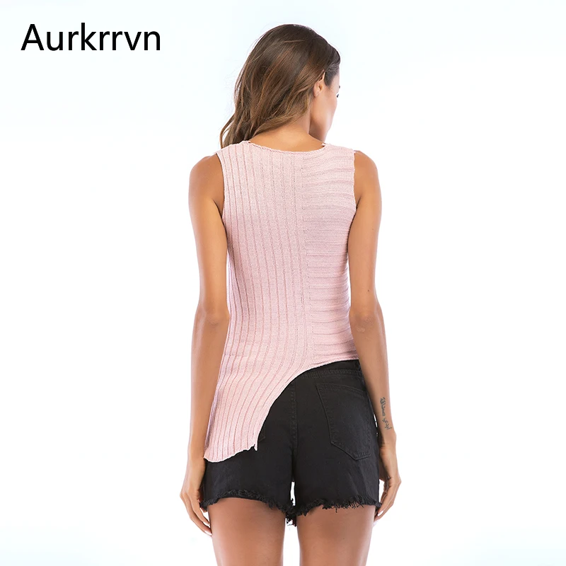 

Aurkrrvn Women's Casual Knitted Tanks V Neck Lace Trim Asymmetrical Tank Tops Femme Striped Summer Vacation Vest for Woman