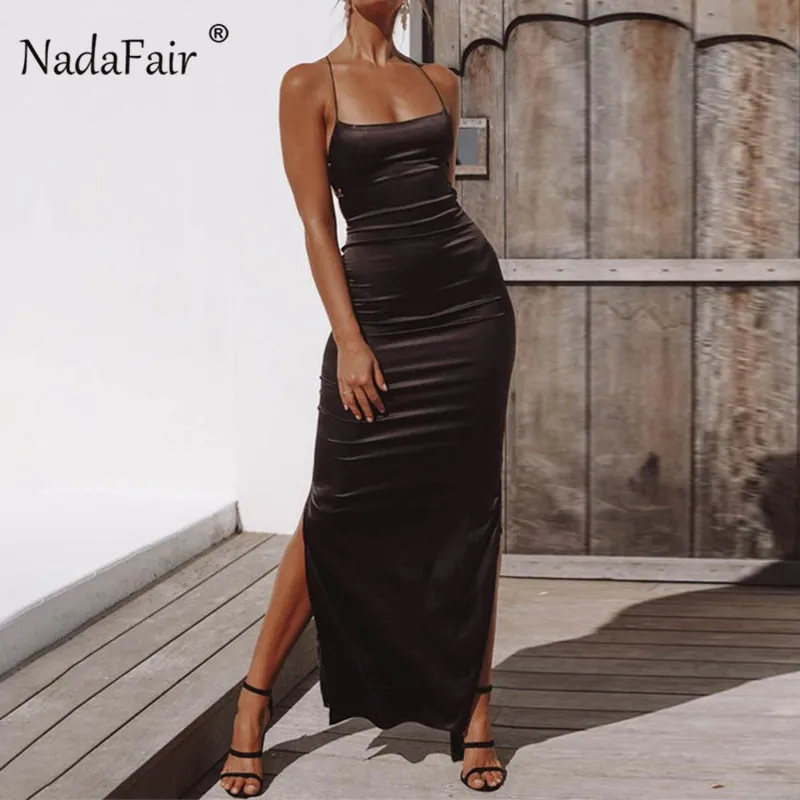 Nadafair однотонное атласное платье комбинация 2019 открытая спина для ночного клуба