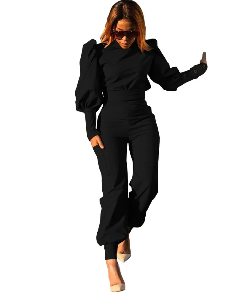 

Комплект из двух предметов для женщин, спортивный костюм, топ на молнии с буффами на рукавах и брюки-карандаш с эластичным поясом, осенняя од...