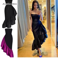 chic black mermaid prom dresses 2021 spaghetti straps taffeta ruffles asymmetric tea length formal evening gown special occasion