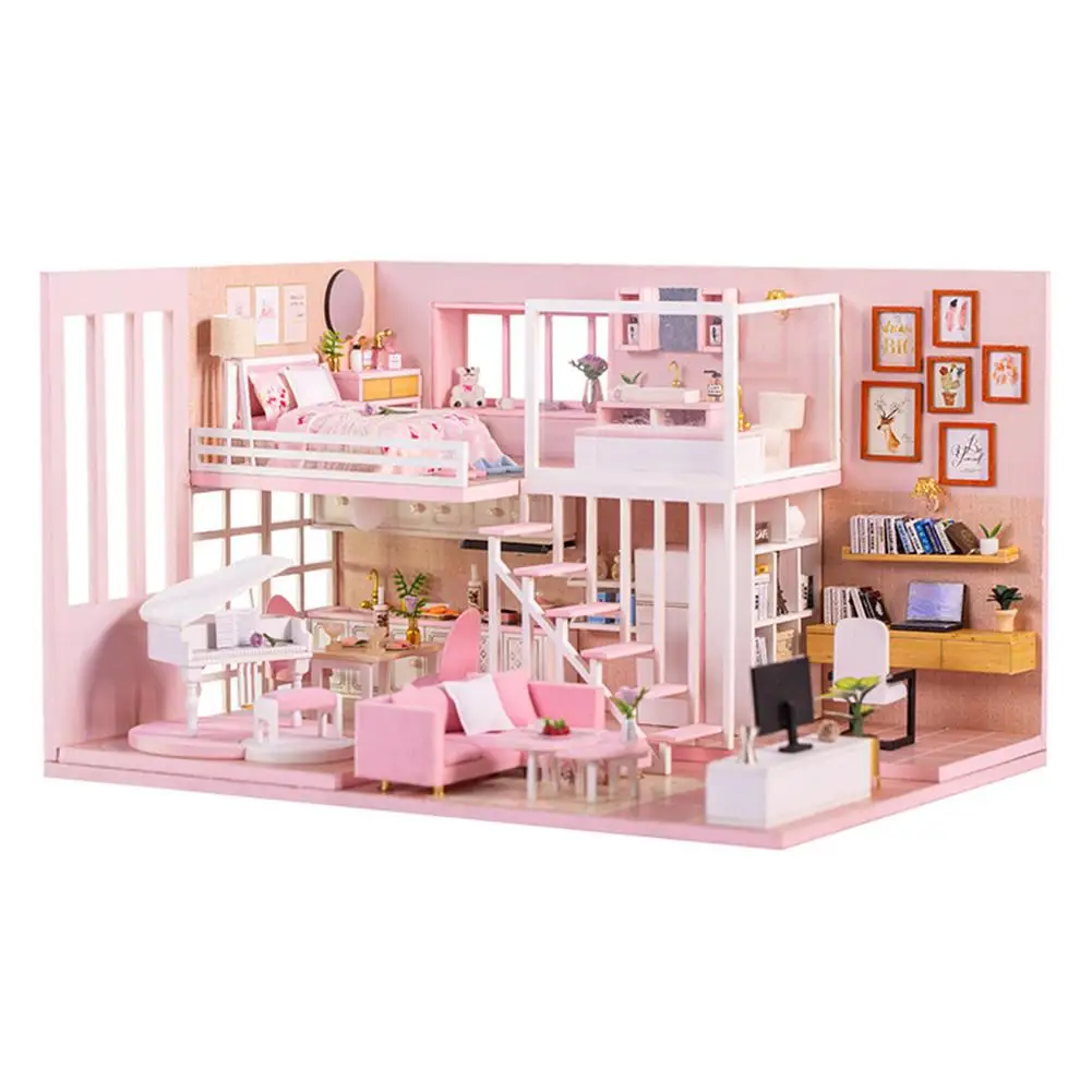 

DIY Dollhouse Kit 3D Assembled Loft Handmade Mini Pink House For Girl Birthday Valentine's Day Gift Home-Decor Craft Collectible