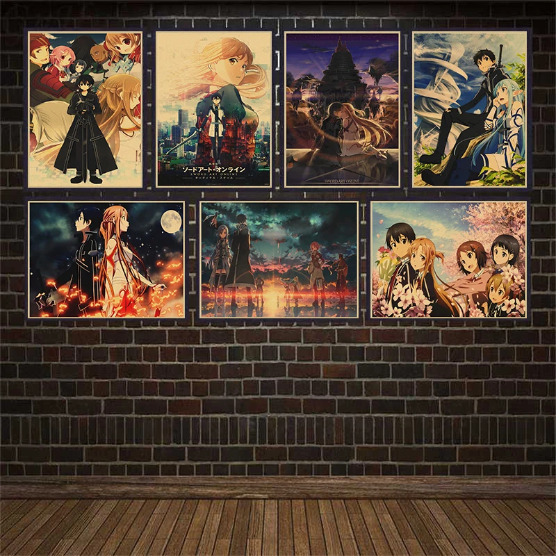 Японское аниме меч искусство онлайн винтажный постер из крафт-бумаги декор стен