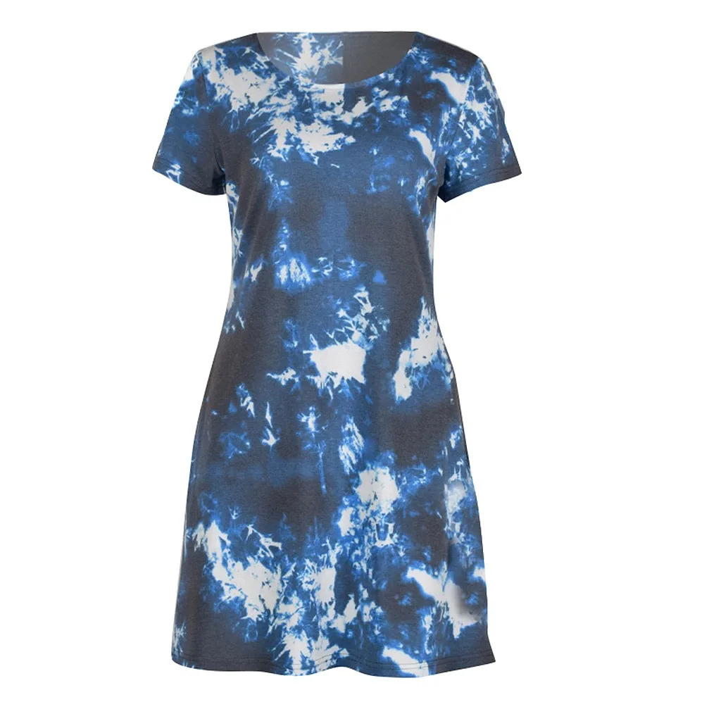 Женское Повседневное платье с круглым вырезом коротким рукавом и карманом темно