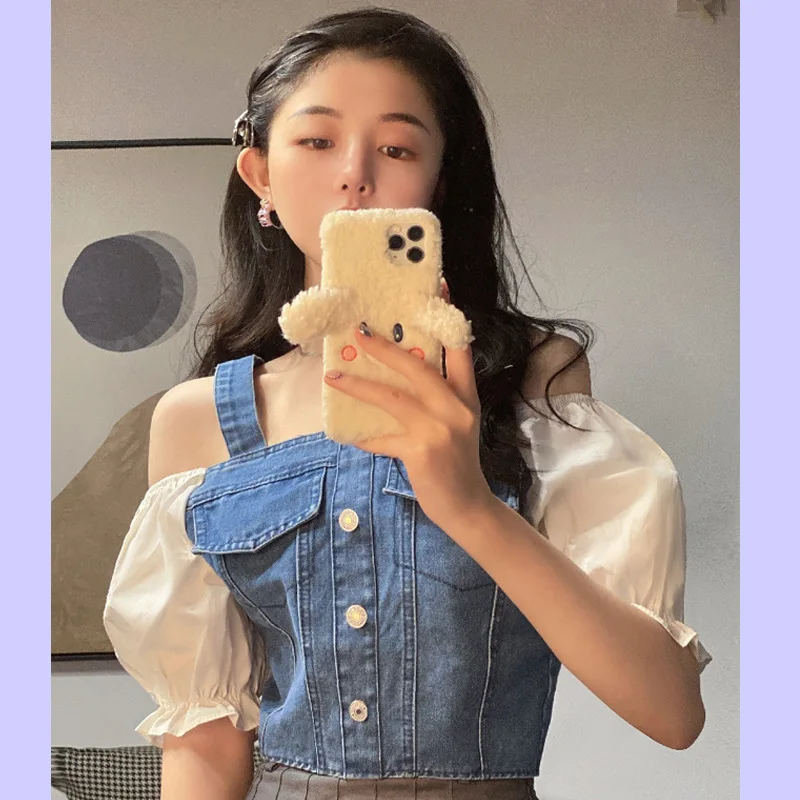 

Summer New French Style Puff Sleeve Top Female Korean Style Design Sense Stitching Strapless Short Denim Shirt Women's Tide 2021