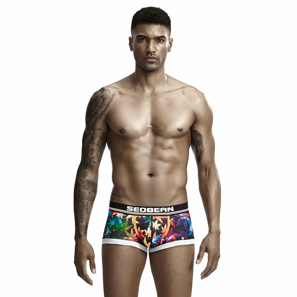 

Drop Shipping SEOBEAN New Men's Underwear Fashion Trend Comfortable Printing Black Leaf Boxer Briefs U Convex Pocket Underpants