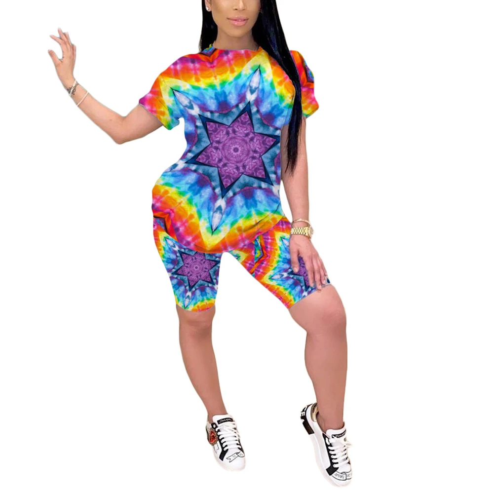 2Pcs Short Set for Women Short Sleeve Tie Dye Cami Top And High Waist Shorts tie back button detail cami top with skirt