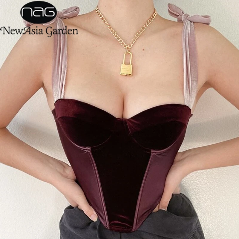 

NewAsia Velour Corset Top Tie up Bow Push up Padded Lining Underwire Boned Buttons Bustier Women Summer Sexy y2k Crop Tank Top
