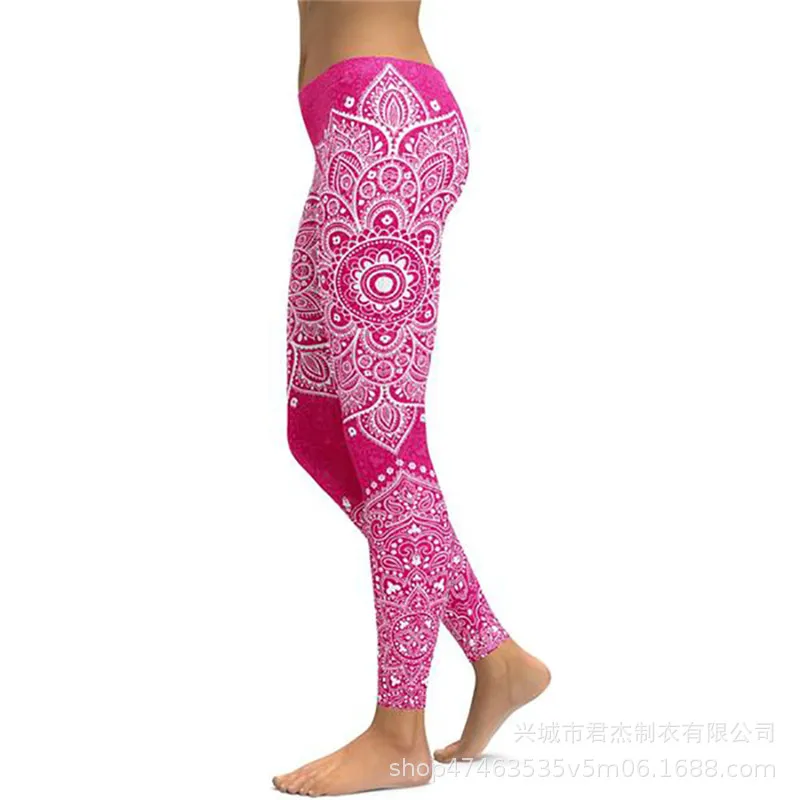 Pink Black Mandala Yoga Pants Women New Sexy Fitness Sports Leggings Yoga Broek Workout Sport Gym Leggings Flower Print 4 Colors