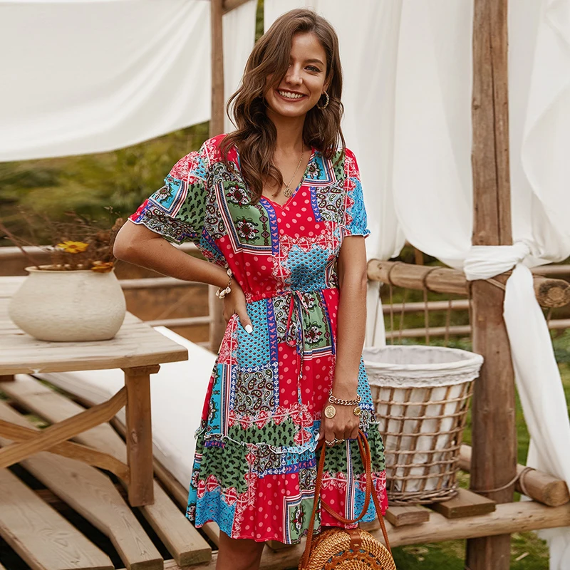 

2020 New Chic casual Bohemian Dress Floral Print Puffy Short Sleeve Beach Holiday A-line High Waist Elastic Ruffle women Dress