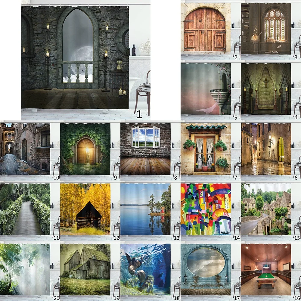 

Fairytale Fantasy Old Castle Balcony Burning Candle Night View Art Cloth Fabric Bathroom Decor Set with Hooks