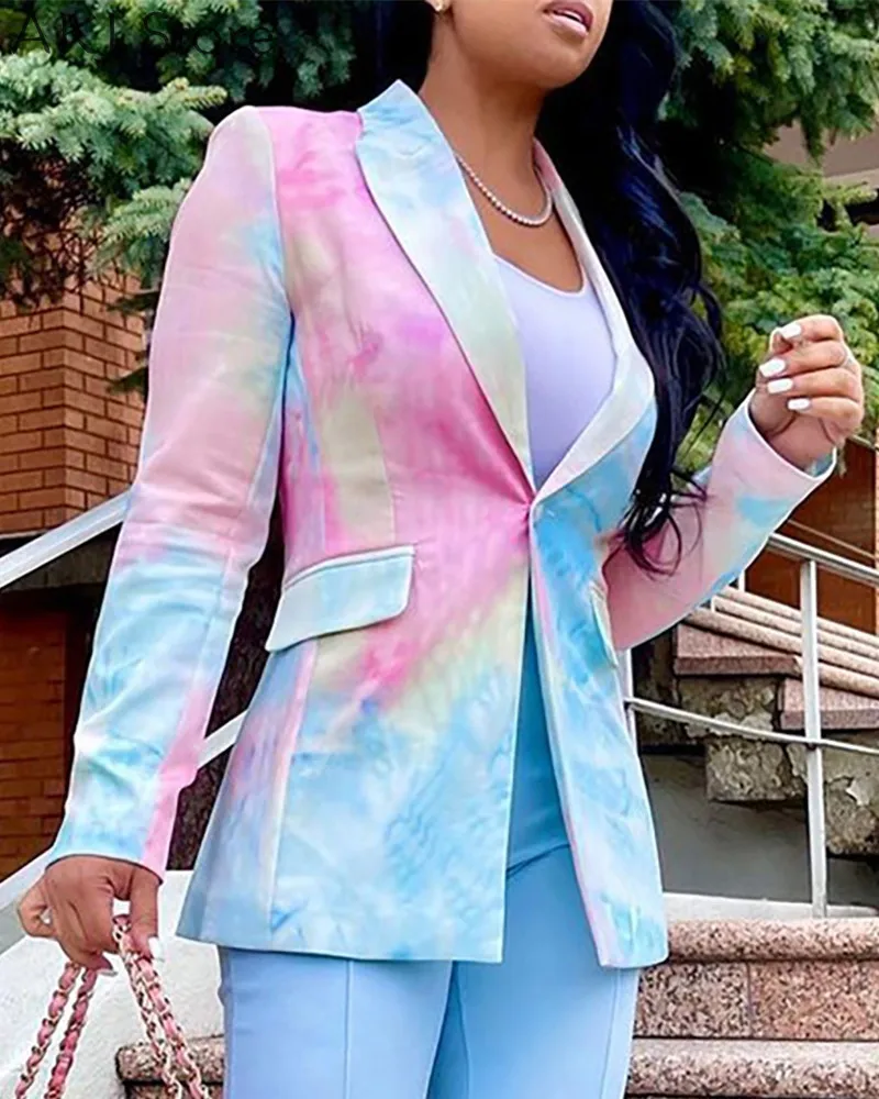 

Women Tie Dye Print Single Button Pockets Design Blazer Coat