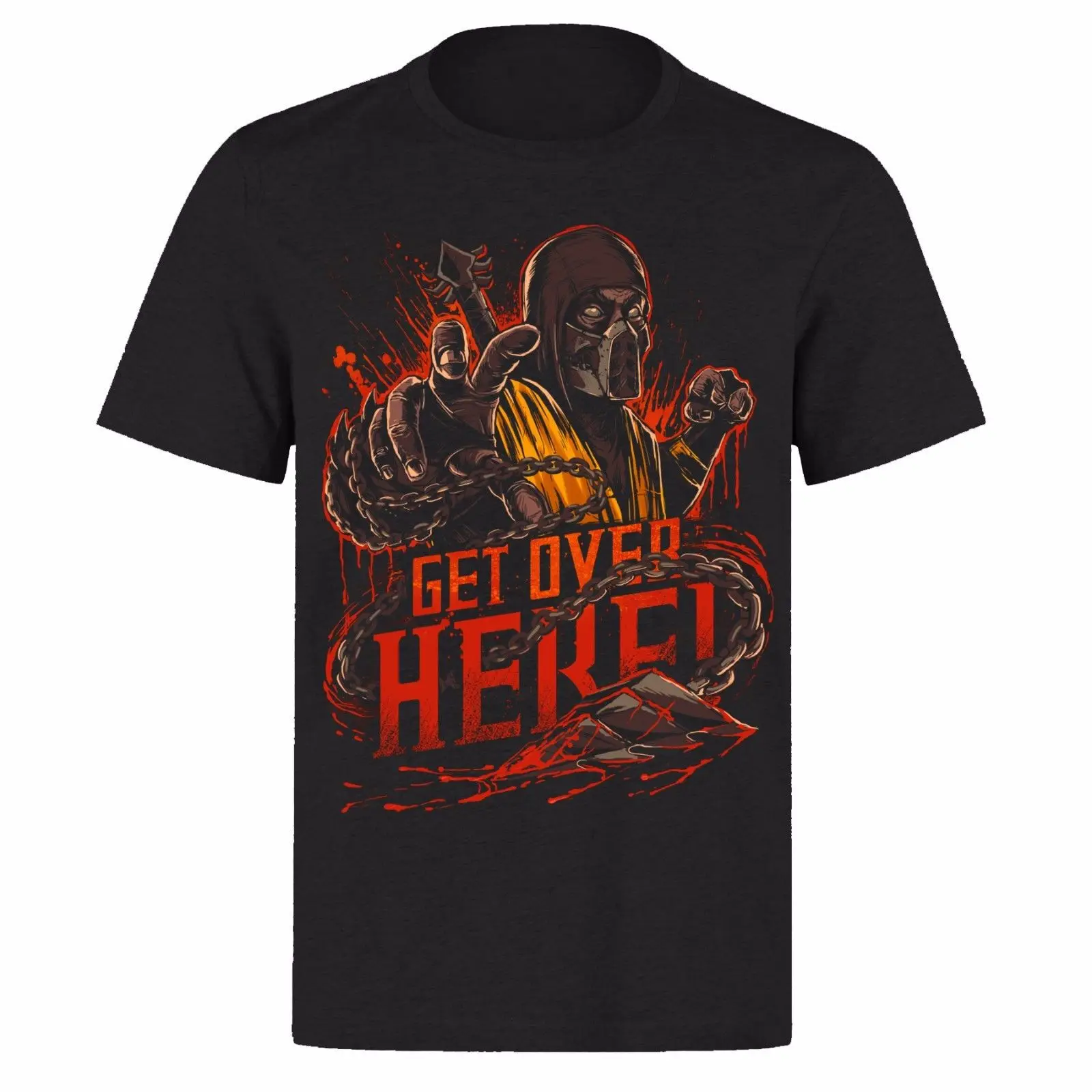 Черные классические игровые футболки унисекс MORTAL KOMBAT SCORPION GET OVER HERE PH19|Мужские