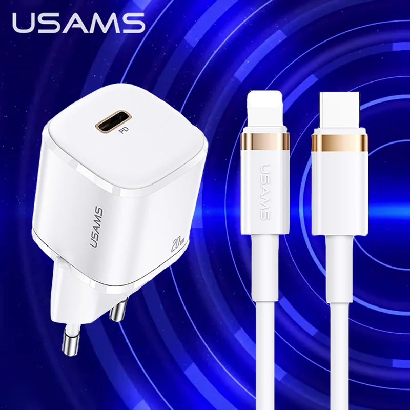 USAMS PD 20W Fast Charger +Type C To Lightning Cable Set For iPhone 12 12 Pro Max Mini QC4.0 QC3.0 Quick Charging  Wall Charger