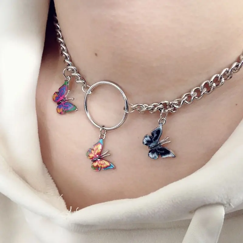 

Colorful Butterfly Choker Necklace Circle Heavy Cuban Chunky Chain Punk Gothic Necklaces for Women Girls Fashion Jewelry