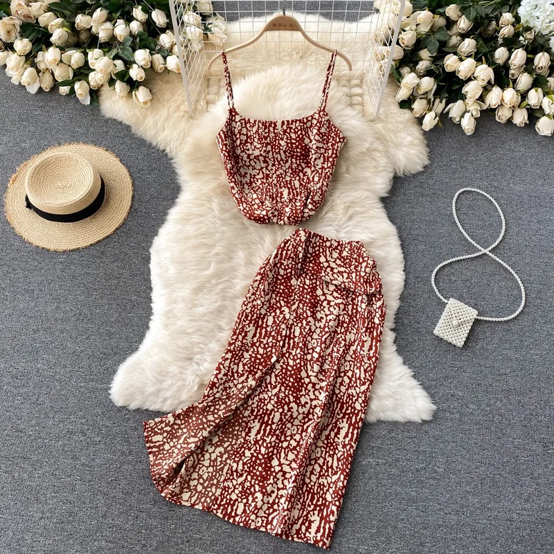

Women Two Piece Set 2021 Summer Sexy Floral Print Camis Top and High Waist Split Midi Skirt Suits Casual Female Clothing Sets