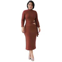 womens autumn and winter long sleeved high waist hollow stretch mid length plus size dress elegant chic solid color wild robe