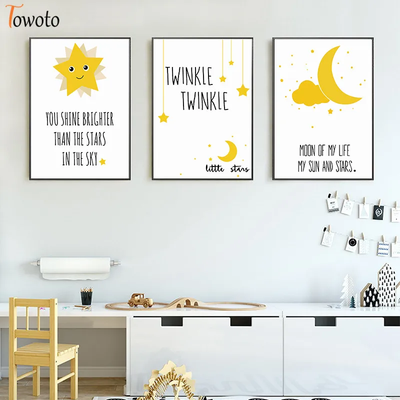 Желтая звезда Луна холст картина Детская комната настенное искусство для