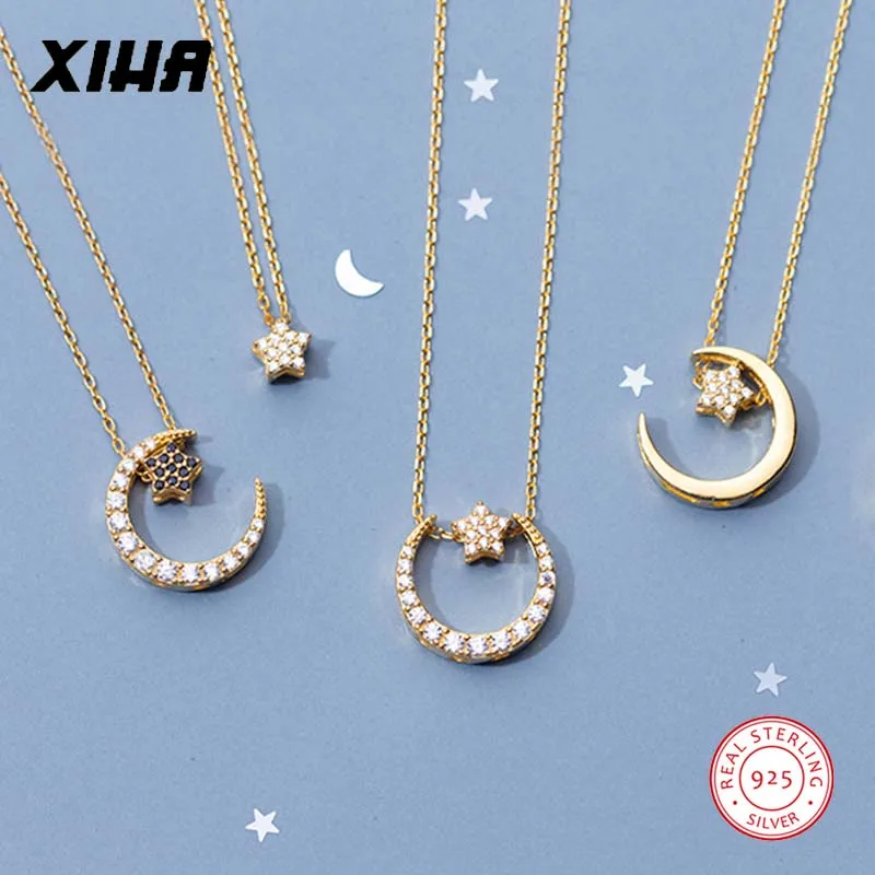 Золото 925 стерлингового серебра в форме полумесяца ожерелье с Луной и звездой