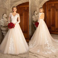 champagne a line wedding dresses 2021 plus size v neck long sleeves lace bridal gowns sexy backless sweep train vestidos