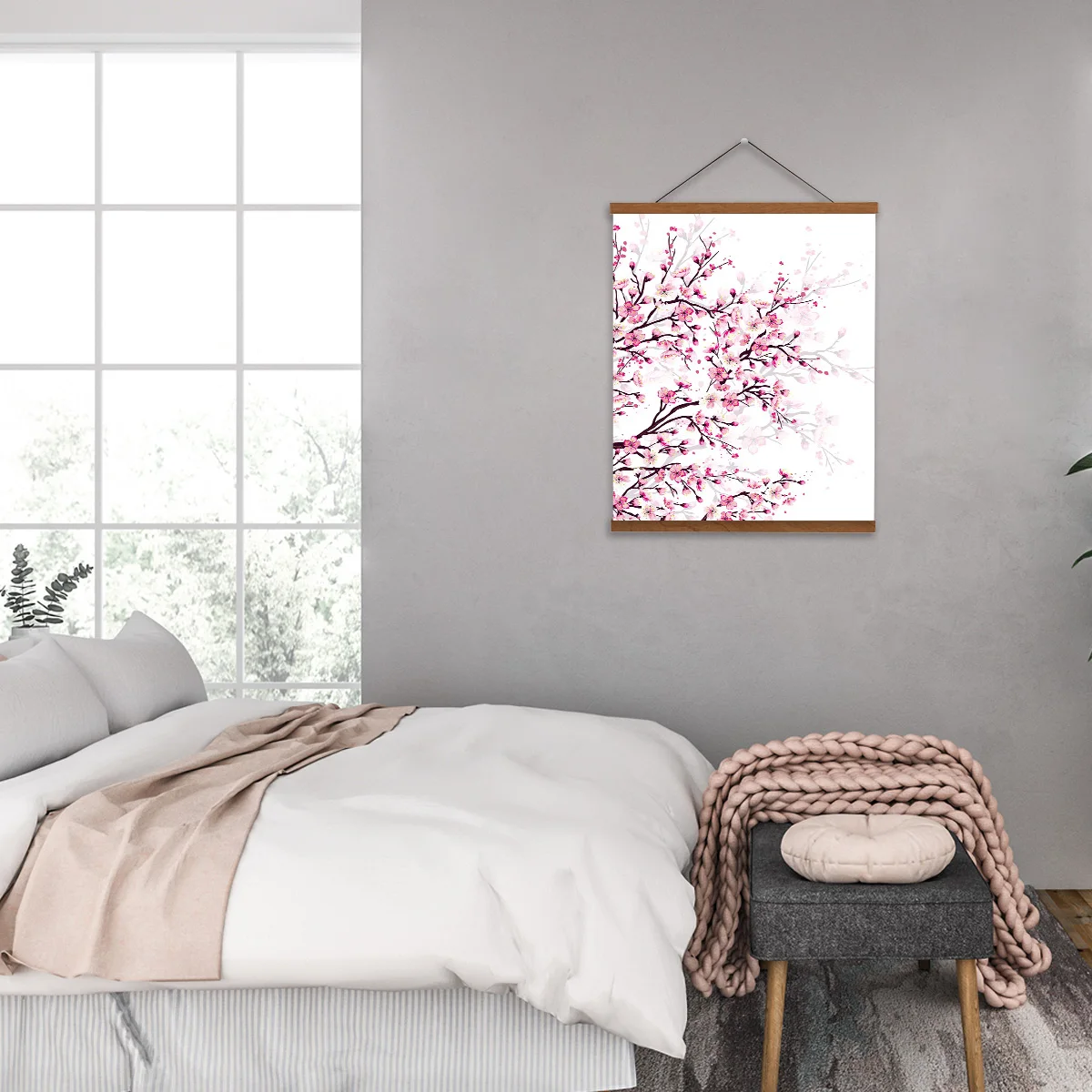 Висячая картина вишневого цвета ветка сливы розовый белый холст настенные