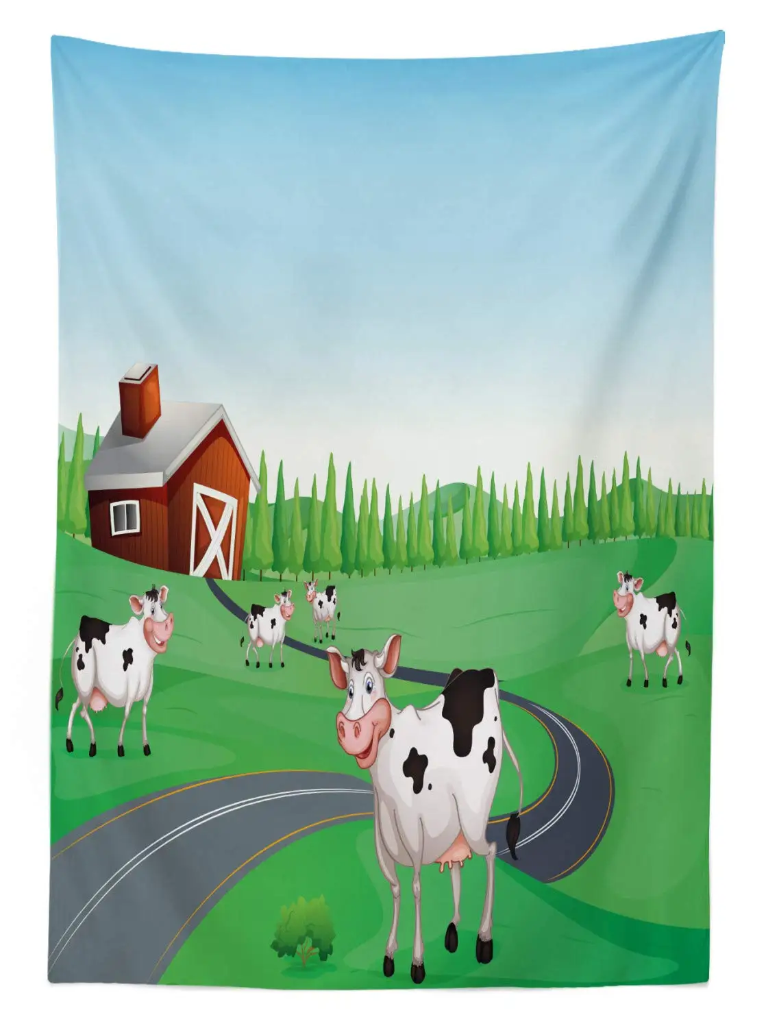 Скатерть Корова детская тематическая мультяшная сельская ферма дом в лесу с