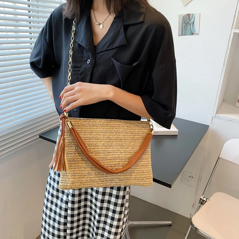 

Small Envelope Straw Crossbody Bag for Women 2021 Bohemian Small Summer Chain Purse and Handbag Vacation Beach Bags
