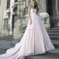 2021 pink tulle wedding dresses off the shoulder strapless lace appliques zipper a line vestido de noiva bridal wedding gowns