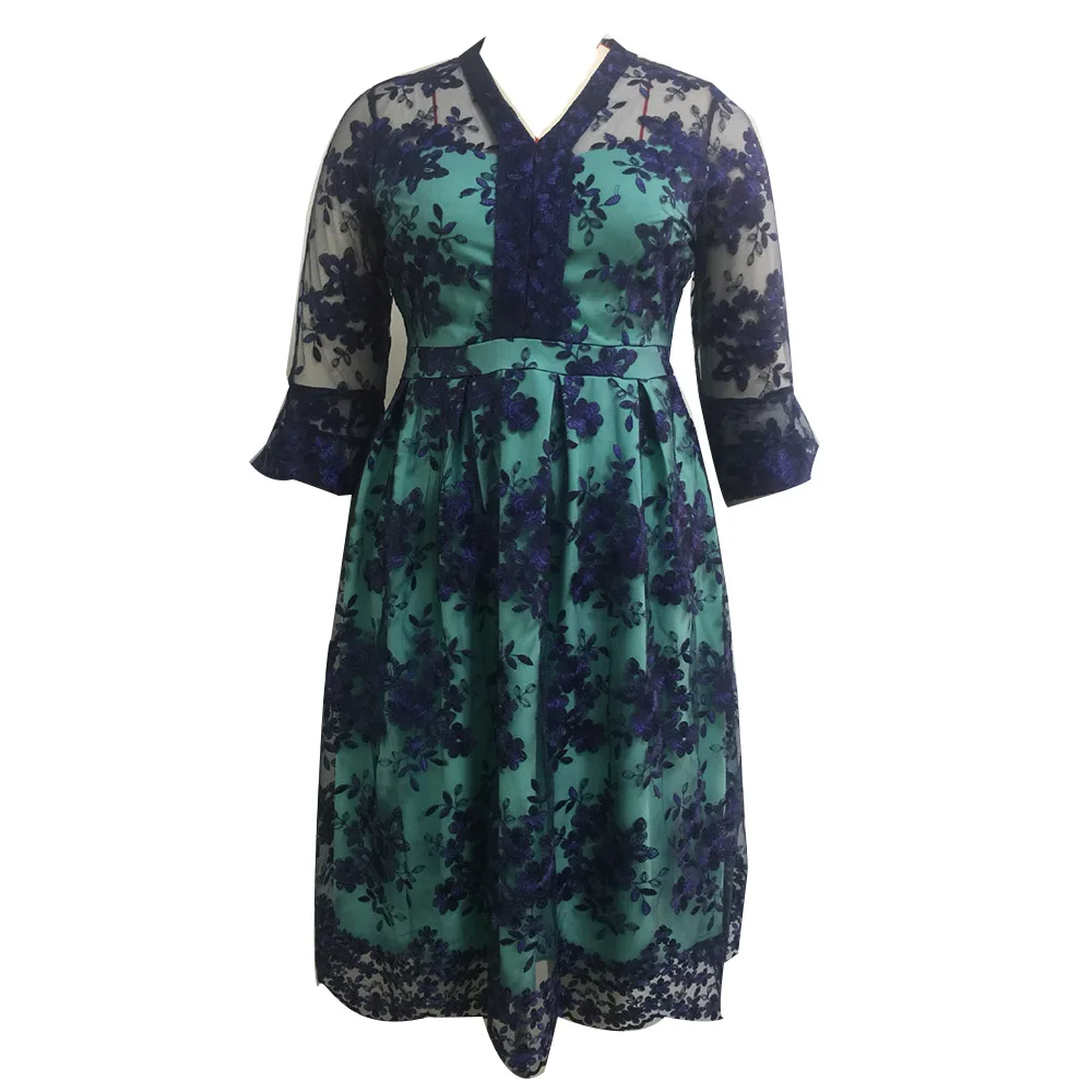 

Western Style Plus Size Dress Spring Autumn The New Fashion Simple Designer Thin Best Sellers Printing Lace V-neck Sleeve