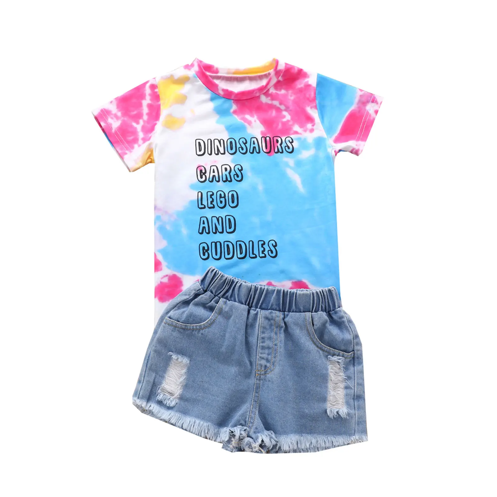 

2Pcs Little Girls Outfit, Toddlers Creative Random Dyeing Letter Printing Round Collar Short Sleeve Top + Ripped Denim Shorts