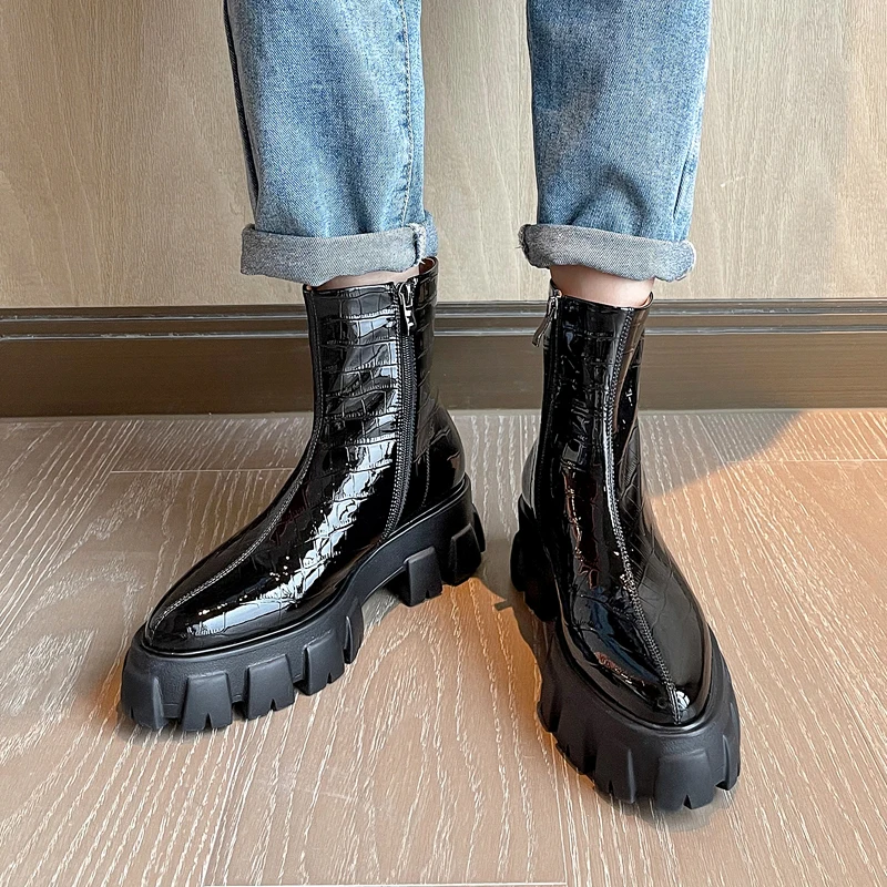 

Autumn Winter Short Boots Women's Shoes Leather Thick Bottomed British Shyle Chelsea Boots 2021 New Flat Platform Martin Boots