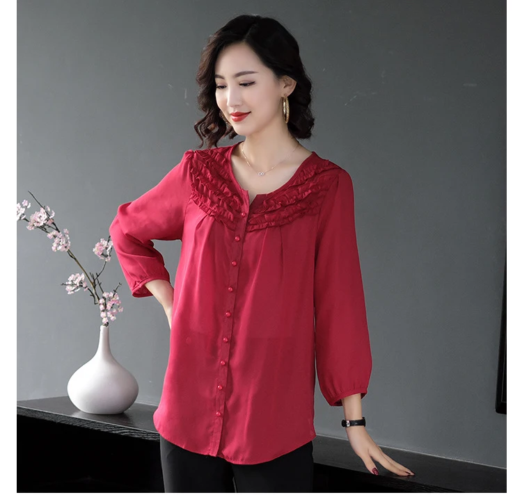 

2019 Womens Chiffon Tops Blouses 2019 Long Sleeves Solid O-Neck Office Blouse Female Black Dark Blue Red Plus Size 6XL Buttons