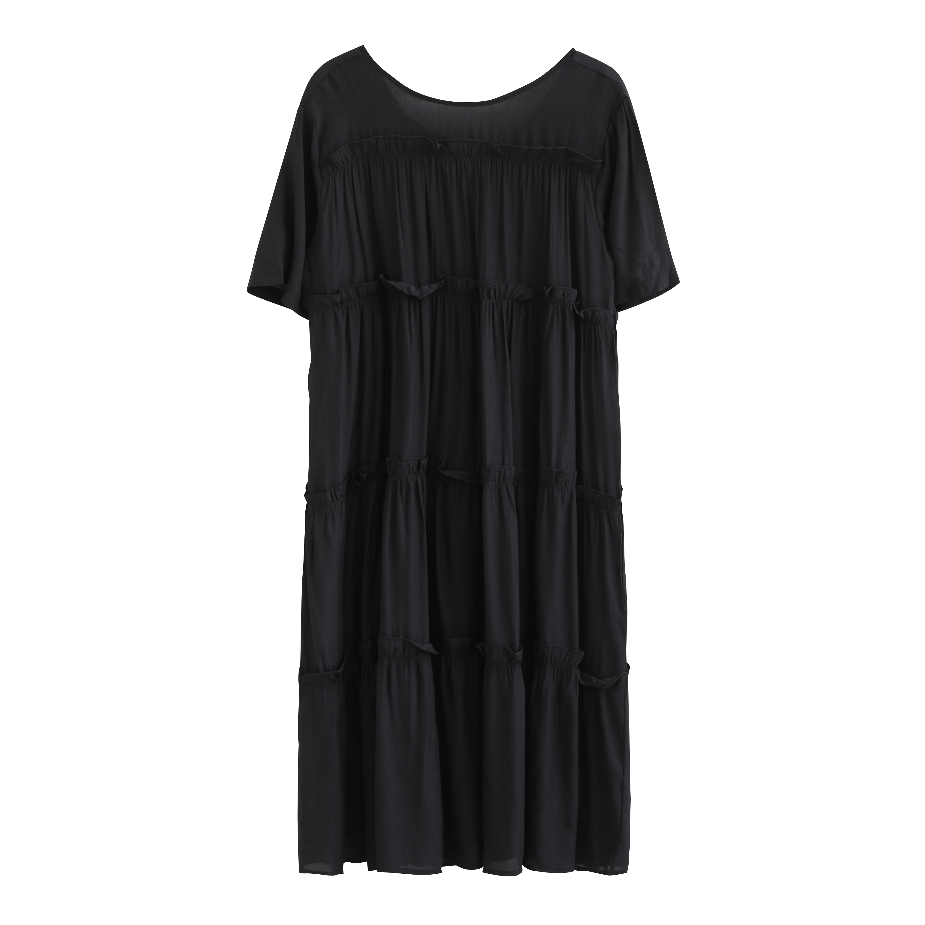

2021 Summer Plus Size Women Dress Office Lady Elegant Vestido Pleated Cascading Ruffle Loose Cotton Black Dress Clothing