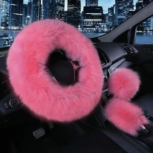 Imported 3PCS Fur Steering Wheel Cover Set Real Sheepskin Auto Plush Warm Fluffy Fuzzy Car Accessories for Wo