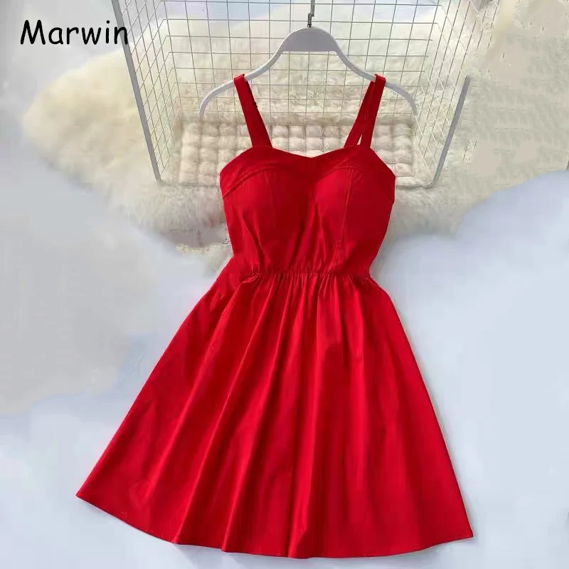 Red Marwin/Новинка года; летнее Однотонное Платье До Колена на бретельках без бретелек; уличные праздничные платья в стиле ампир - Цвет: Red