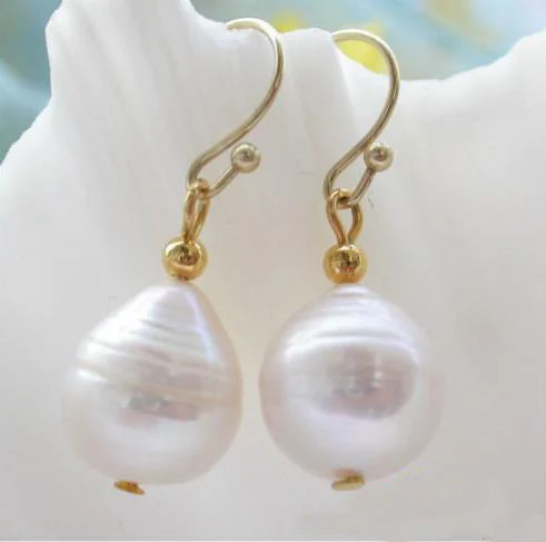 

New Arrival Favorite Pearl Jewelry Real Natural 14mm White Drip Freshwater Pearls 14k Good Dangle Earrings Charming Lady Gift
