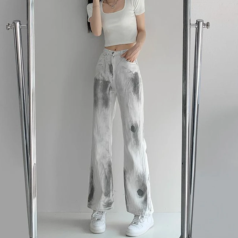 

White Distressed Jeans Denim Grunge Pants Women High Waist Streetwear Jeans Korean Pants Straight Leg Boyfriend Jeans For Women