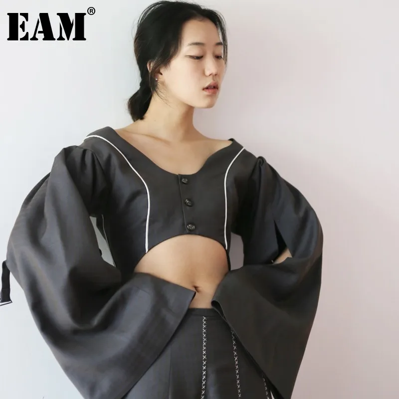 

[EAM] 2022 New Spring Summer V-collar Long Flare Sleeve Plaid Hollow Out Sexy Short Jacket Women Coatfashion Tide JI329