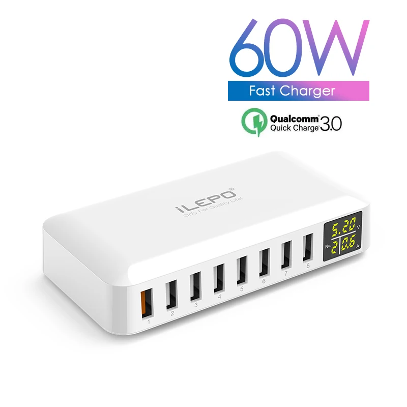 

ILEPO 8 Ports 60W QC3.0 Fast Charger With Cable Charger Station US AU EU UK KR Plug Quick Charger For iphone ipad PC Kindle
