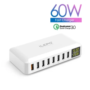 ilepo 8 ports 60w qc3 0 fast charger with cable charger station us au eu uk kr plug quick charger for iphone ipad pc kindle free global shipping
