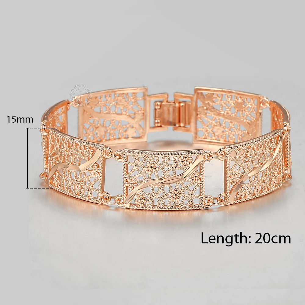 

New Womens 585 Rose Gold Bangle for Girls Vine Patterned Chain 15mm Big Bracelet Wristband Fashion Jewelry Gifts DCB62