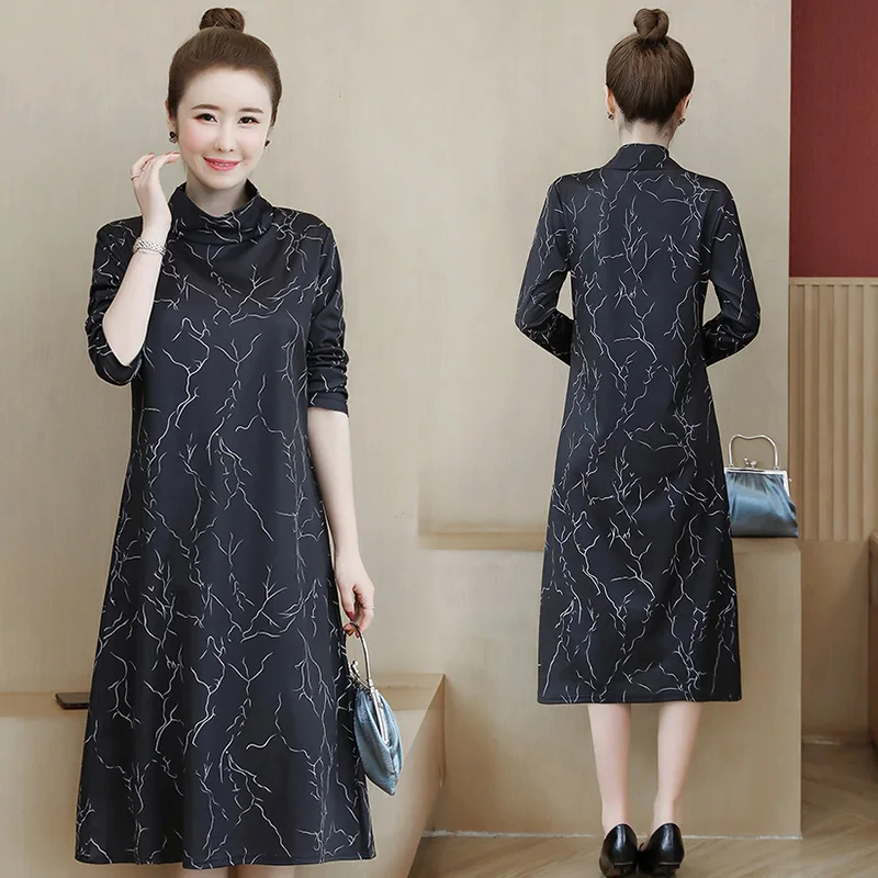 

Western Style Plus Size Women's Dress 2020 Spring Autumn Loose Hedging Mid-Length Print Bottoming Long-Sleeved Dress Women Q316