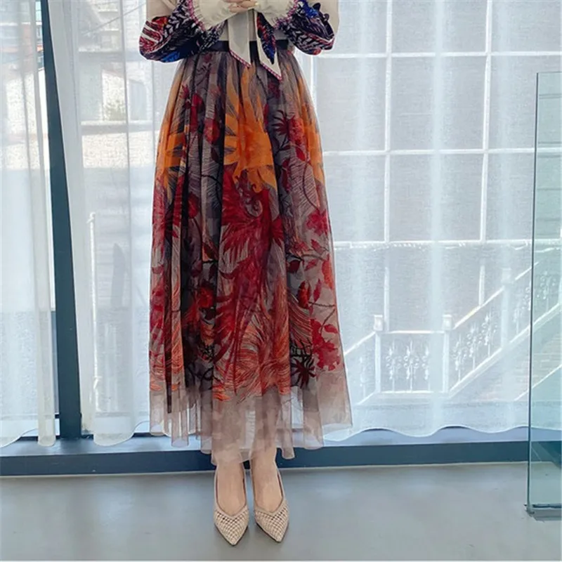 

CBAFU office lady suit women bow lace up shirts mesh skirt 2 piece set long sleeve tops floral print pleated tulle skirt F900