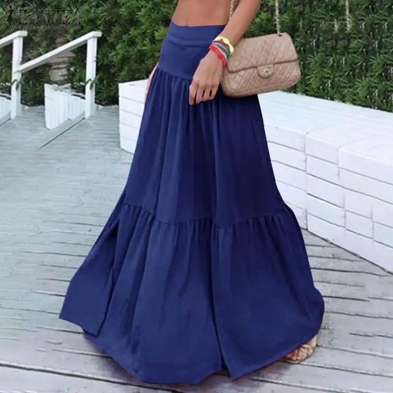 

2021 Summer Fashion Floor Skirts Womens Elegant Solid Skirt ZANZEA Bohemian A Line Skirt Holiday Beach High Waist Ruffle Skirts