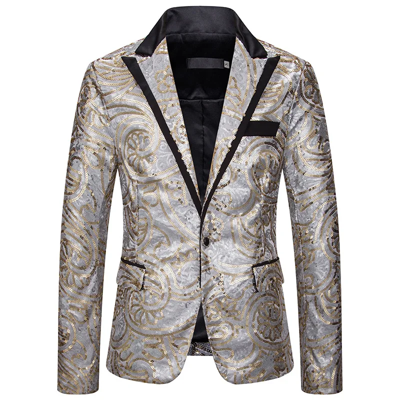 Luxury Glitter Blazer Men Fashion Golden Silver Sequin Single Button Blazer Hombre Nightclub Stage Slim Fit Mens Christmas Suit