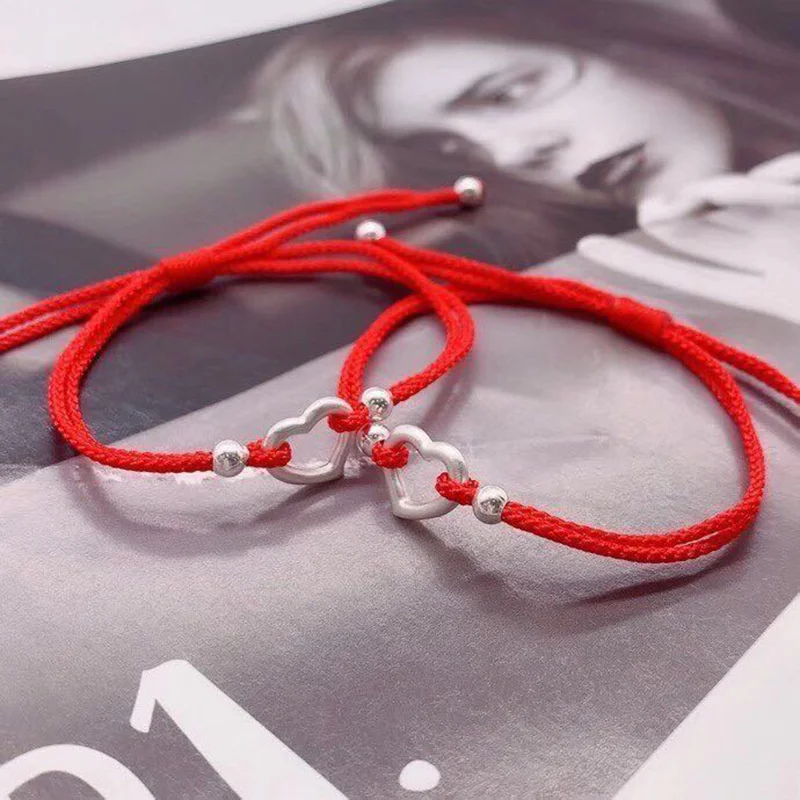 

999 Pure Silver Heart-Shaped Red Rope Women's Bracelet Exquisite Jewelry Adjustable Rope Lucky Gift Girl Fashion Accessories