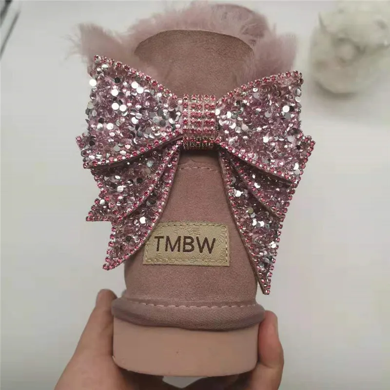 Blinging/; красивые женские зимние ботинки из натуральной овечьей кожи с бантом; женские ботинки на натуральном меху; теплые зимние ботинки с шерстью
