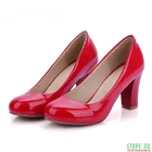 Большой Размеры весенние женские туфли-лодочки массивном широком каблуке; На высоких каблуках; Цвета: красный, черный, Лакированная кожа круглый носок белое свадебное платье Вечерние офисные женские туфли