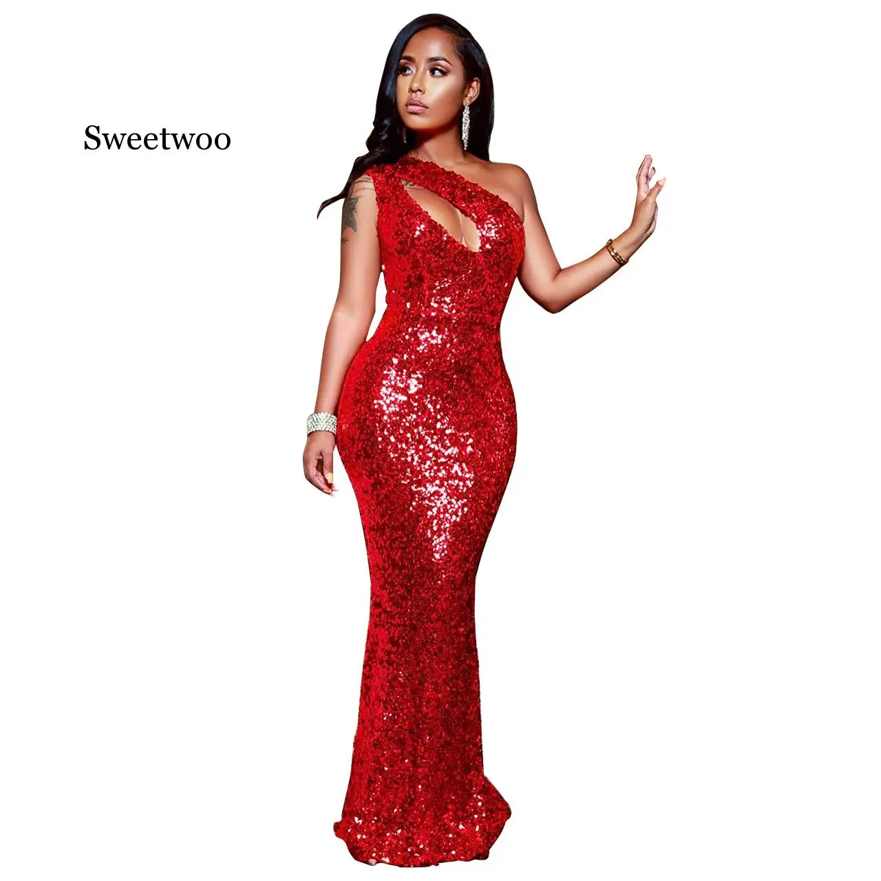 

Women Maxi Christmas Red Dresses Celebrate Cold Shoulder Sexy Dinner Date Evening Party Club Sequin Dress Plus Size XXL Gowns