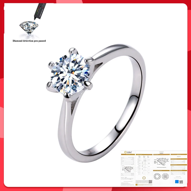 

1ct 6.5mm Round Cut EF VVS1 Moissanite 925 Silver Ring Diamond Test Passed Fashion Claw Setting Women Gift