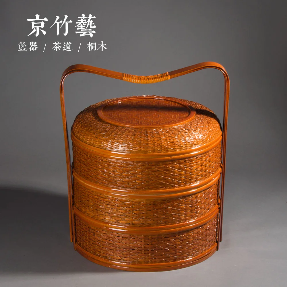 

Portable picnic bamboo basket three-layer circular worship by the wedding happy hotel hotel meal lunch box frame bamboo basket